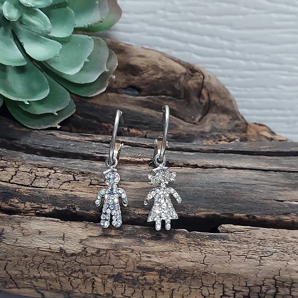 E098 Silvertone Paved Crystal Boy Girl Coupled Earrings 5$